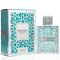 Rayhaan Aquatica turquoise rectangular bottle with silver geometric latticework and a matching patterned cap beside its white-and-turquoise box on white.