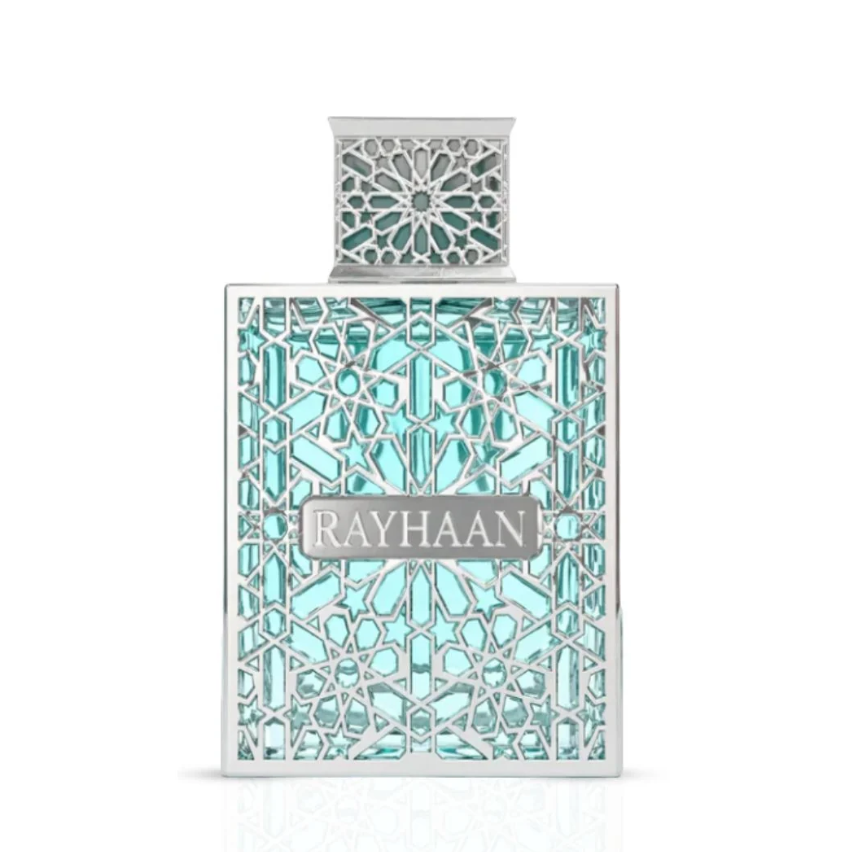 Front view of the Rayhaan Aquatica turquoise bottle with silver geometric panels, a silver nameplate and a matching square patterned cap on a white background.