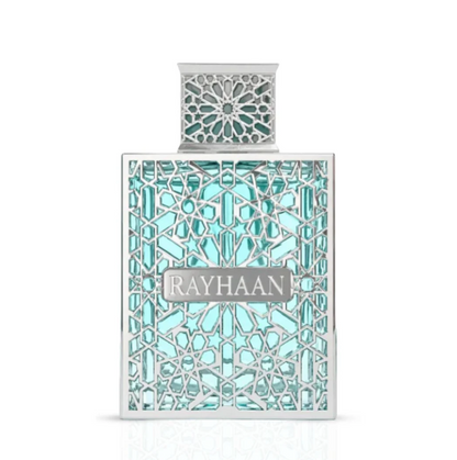 Front view of the Rayhaan Aquatica turquoise bottle with silver geometric panels, a silver nameplate and a matching square patterned cap on a white background.