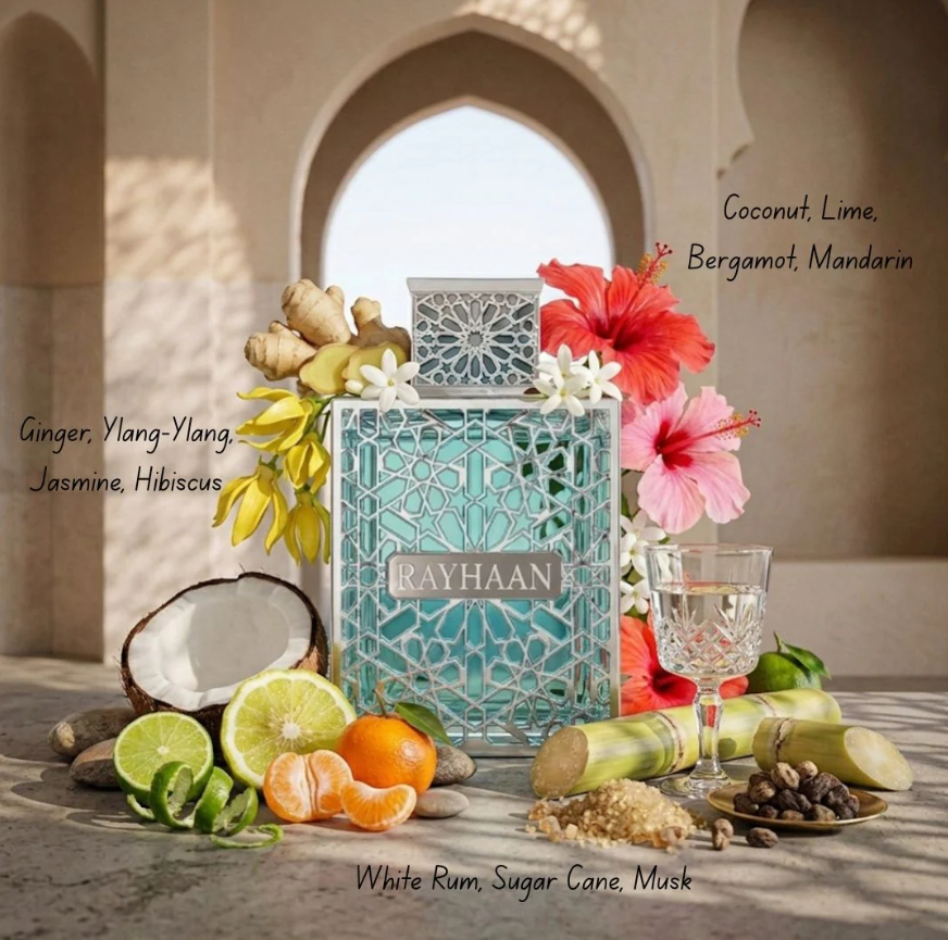 Turquoise Rayhaan Aquatica bottle with silver patterned cap under a beige arch, surrounded by fruit, ginger, flowers, sugar cane and a glass. Labels list coconut, lime, bergamot, mandarin; ginger, ylang-ylang, jasmine, hibiscus; white rum, sugar cane and musk.