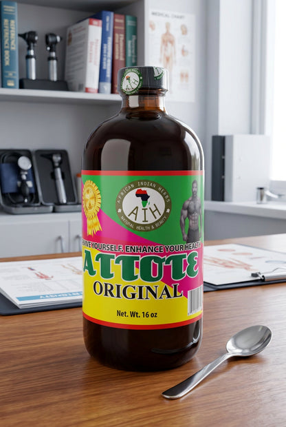African Indian Herbs Atotte Original bottle on a desk beside a notebook and spoon