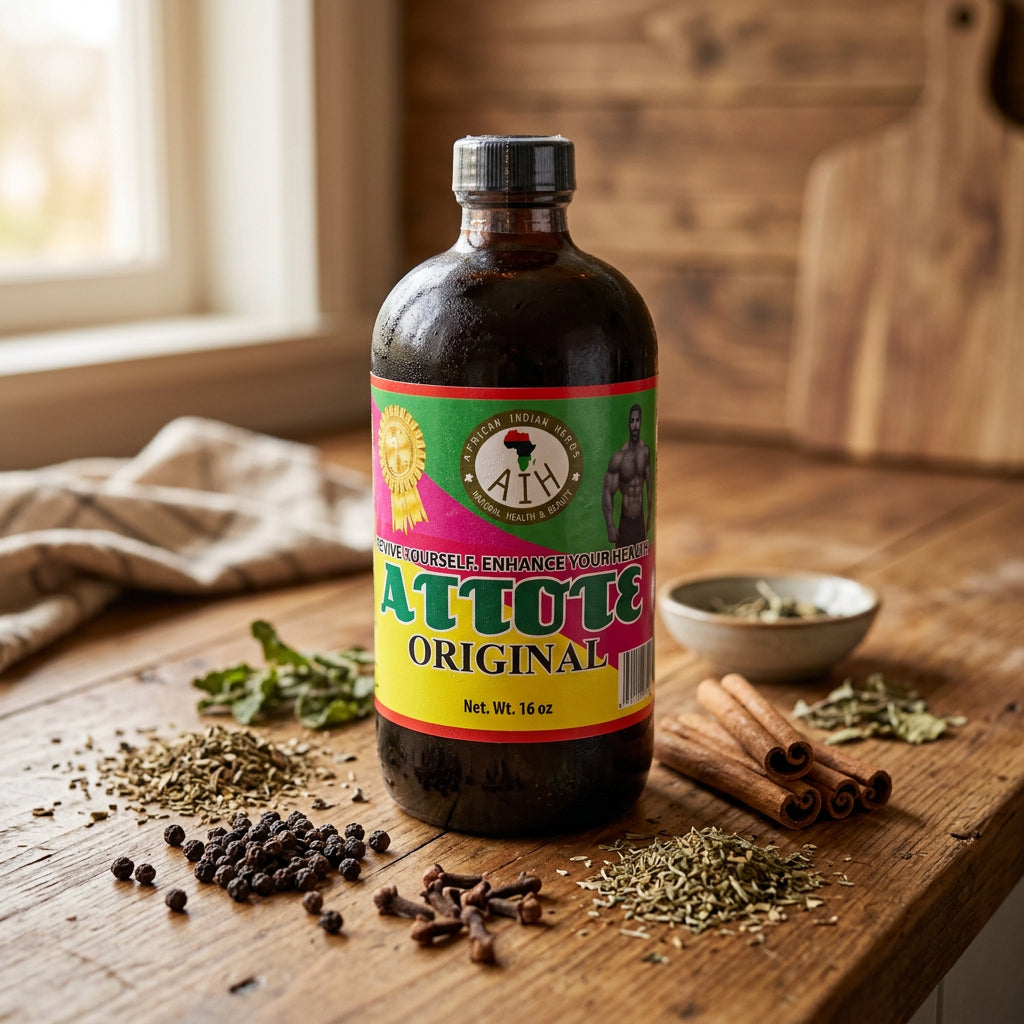 African Indian Herbs Atotte Original bottle on a rustic table beside spices and dried herbs