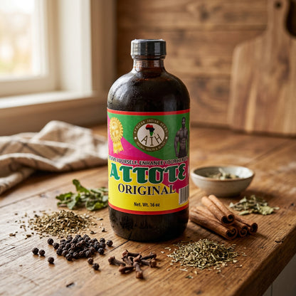 African Indian Herbs Atotte Original bottle on a rustic table beside spices and dried herbs