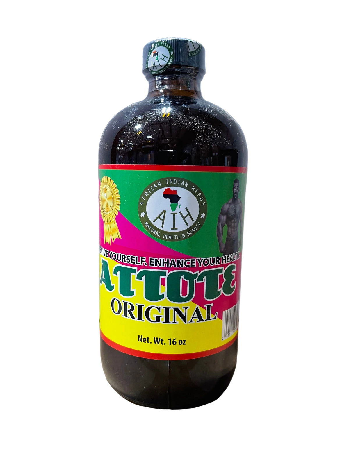 African Indian Herbs Atotte Original bottle with green, yellow and red Atotte Original label