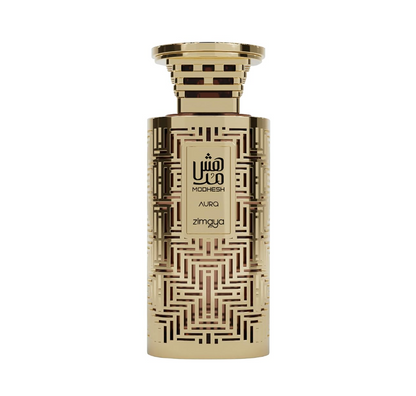Zimaya Modhesh Aura gold cylindrical bottle with dark maze-like geometric pattern, rectangular front label and flared gold-and-dark striped cap, isolated on white.