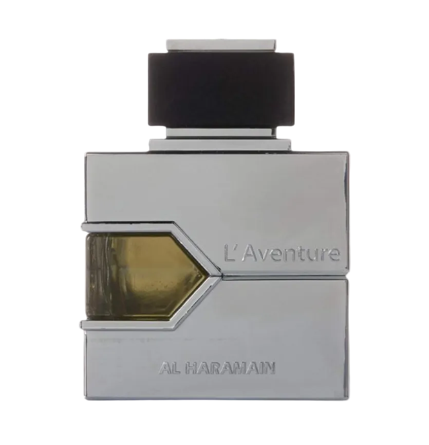 Front view of Al Haramain L'Aventure silver bottle with an angular window showing amber-colored perfume, engraved lettering and a black-and-silver cap on white.