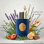 Khadlaj Azure Velvet bottle displayed with herbs, flowers, fruit and wood-inspired props