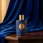 Khadlaj Azure Velvet navy bottle on a wooden table beside draped blue velvet fabric