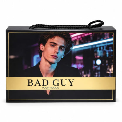 Bad Guy Pour Homme V15 closed black and gold gift box with a rope handle