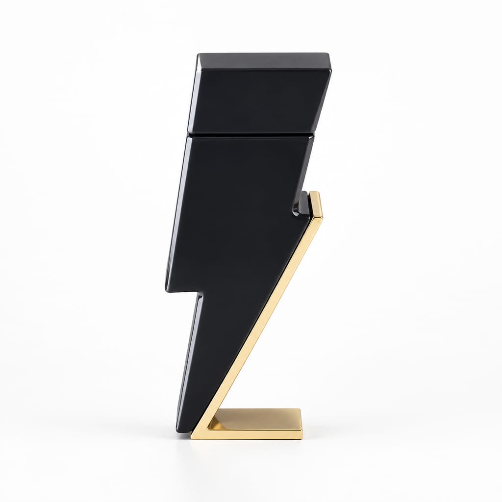 Bad Guy Pour Homme V15 black lightning-bolt-shaped perfume bottle with gold trim