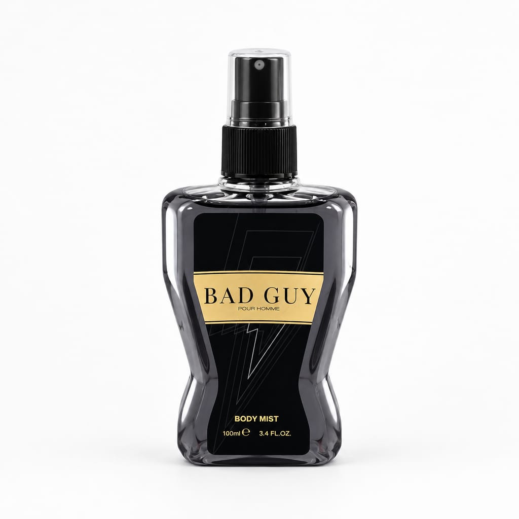 Bad Guy Pour Homme V15 black body mist bottle with black spray top