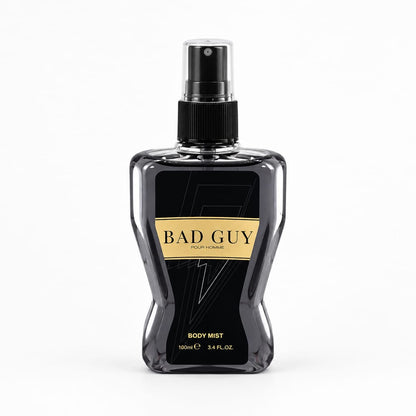 Bad Guy Pour Homme V15 black body mist bottle with black spray top