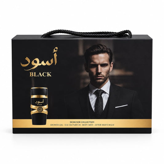 Black V13 closed black and gold gift box with a rope handle