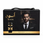 Black V13 closed black and gold gift box with a rope handle