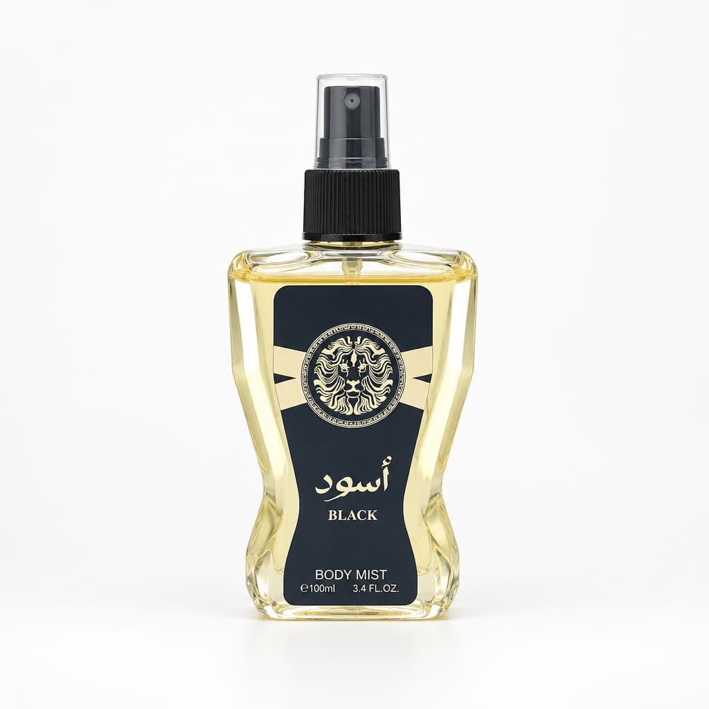 Black V13 gold-toned body mist bottle with black spray top
