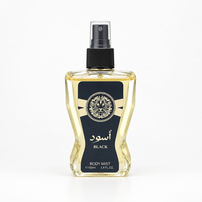 Black V13 gold-toned body mist bottle with black spray top