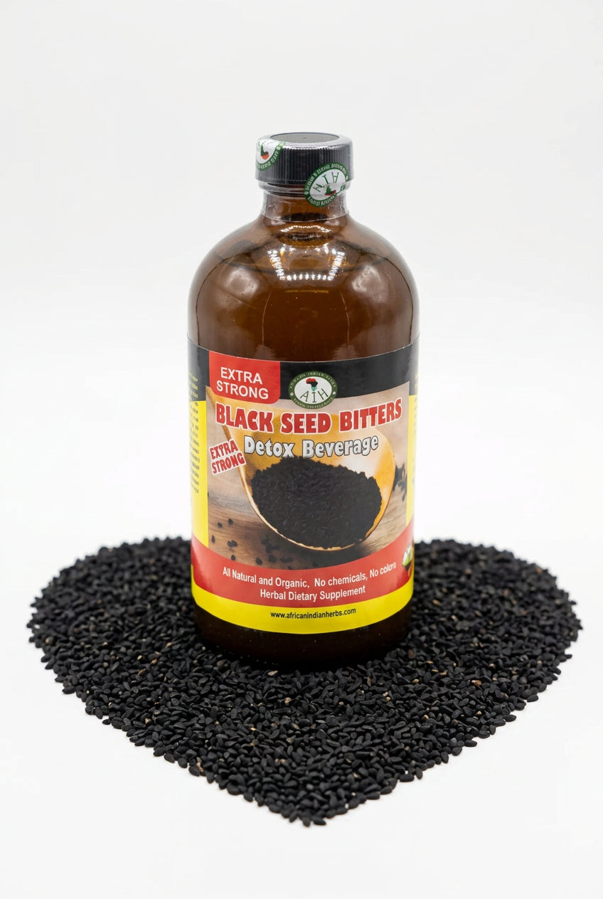 African Indian Herbs Extra Strong Black Seed Detox bottle displayed on a bed of black seeds
