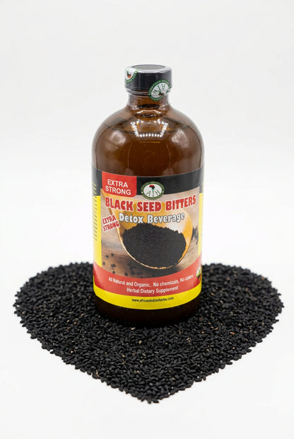 African Indian Herbs Extra Strong Black Seed Detox bottle displayed on a bed of black seeds