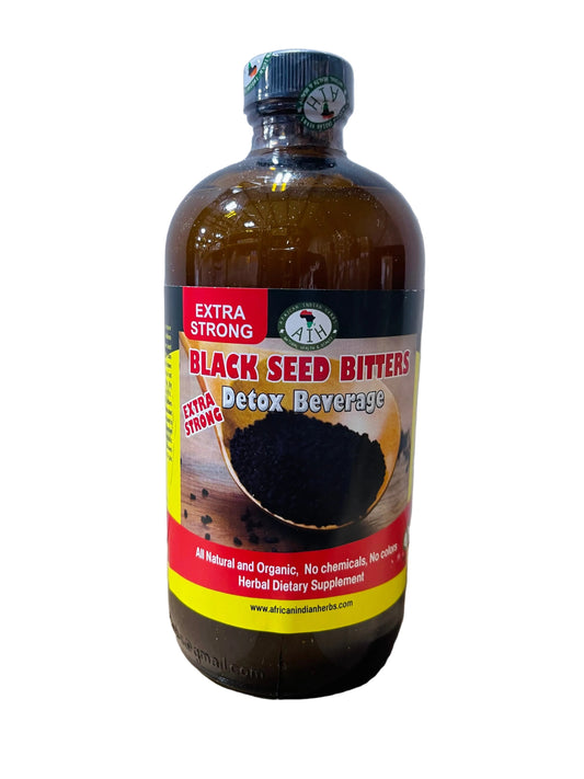 African Indian Herbs Extra Strong Black Seed Detox bottle with red and yellow Extra Strong Black Seed label