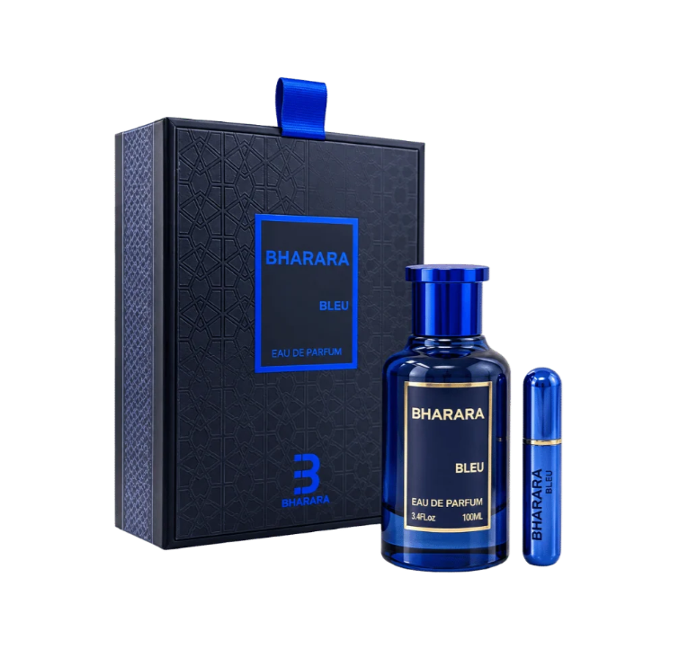 Bharara Bleu deep-blue bottle with a matching cap and slim blue travel spray beside a dark patterned box with a blue ribbon tab and blue label border on white.
