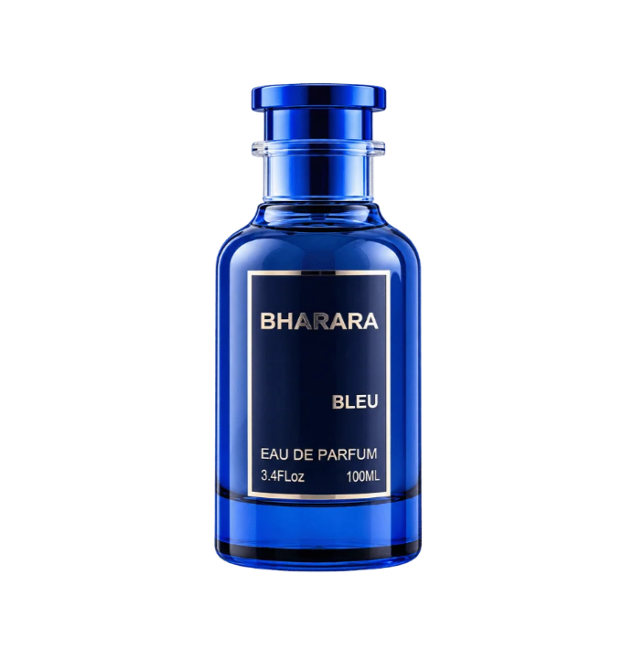 Front view of a transparent deep-blue Bharara Bleu bottle with a blue cylindrical cap, clear neck and dark rectangular label with a metallic border on white.