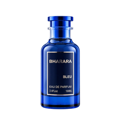 Front view of a transparent deep-blue Bharara Bleu bottle with a blue cylindrical cap, clear neck and dark rectangular label with a metallic border on white.