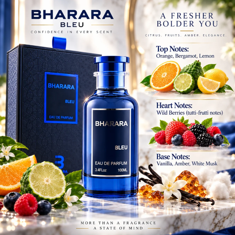 Bharara Bleu blue bottle and dark box with a notes graphic showing orange, bergamot and lemon; wild berries; vanilla, amber and white musk, with fruit and flower illustrations.