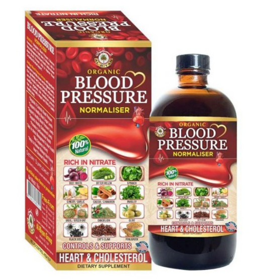 AL-RIYAN Organic Blood Pressure Normaliser Bitter 16oz, featuring a natural herbal formula label with organic ingredients