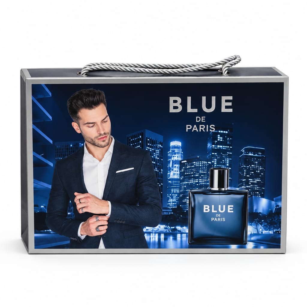 Blue De Paris V3 closed navy gift box with rope handle