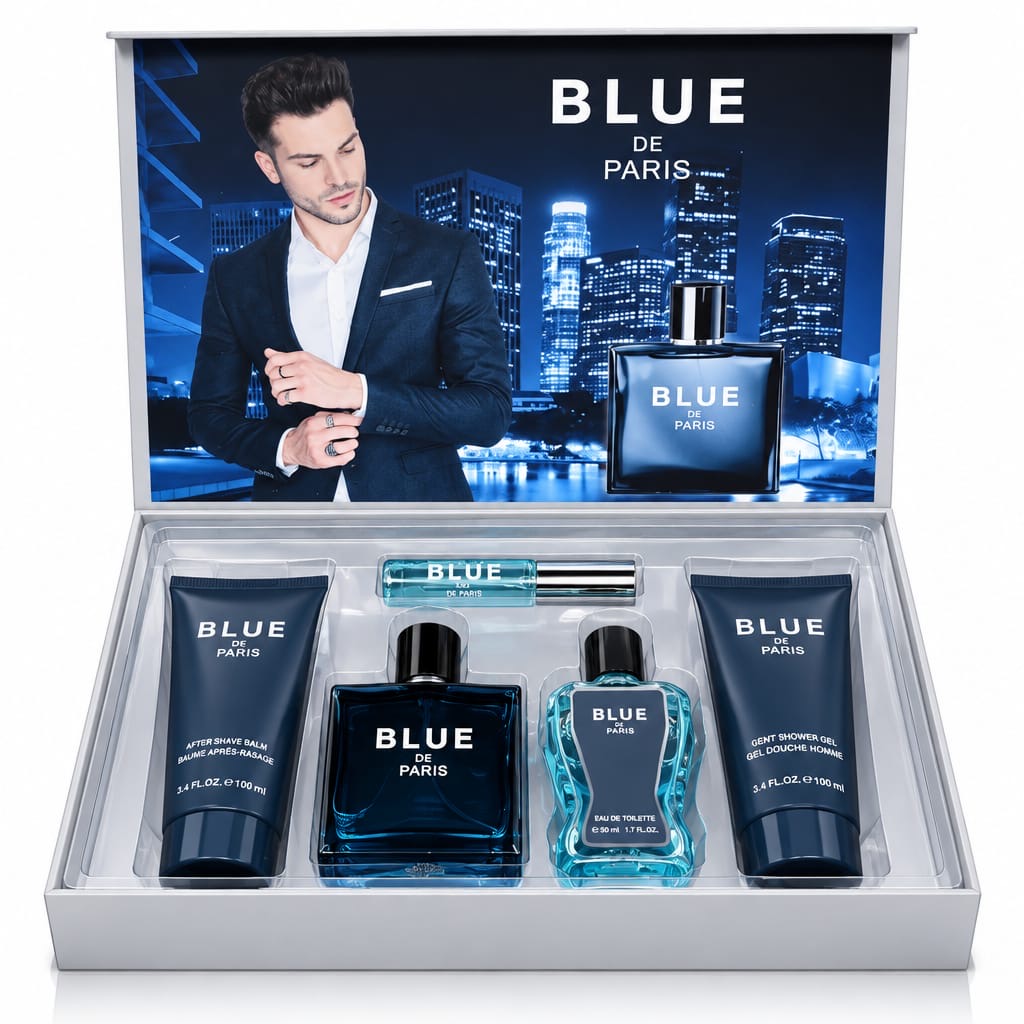 Blue De Paris V3 open navy five-piece fragrance and grooming gift box