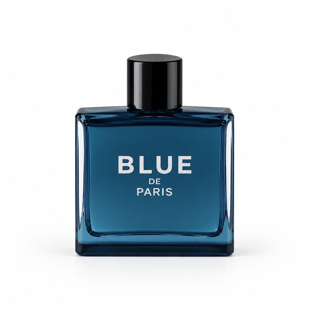 Blue De Paris V3 square navy perfume bottle with black cap