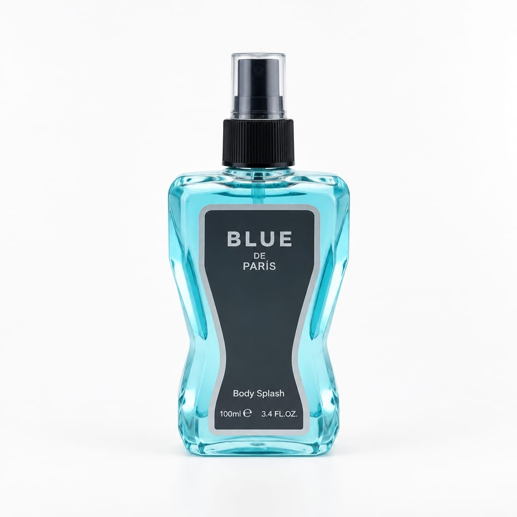 Blue De Paris V3 turquoise body spray bottle with black spray top