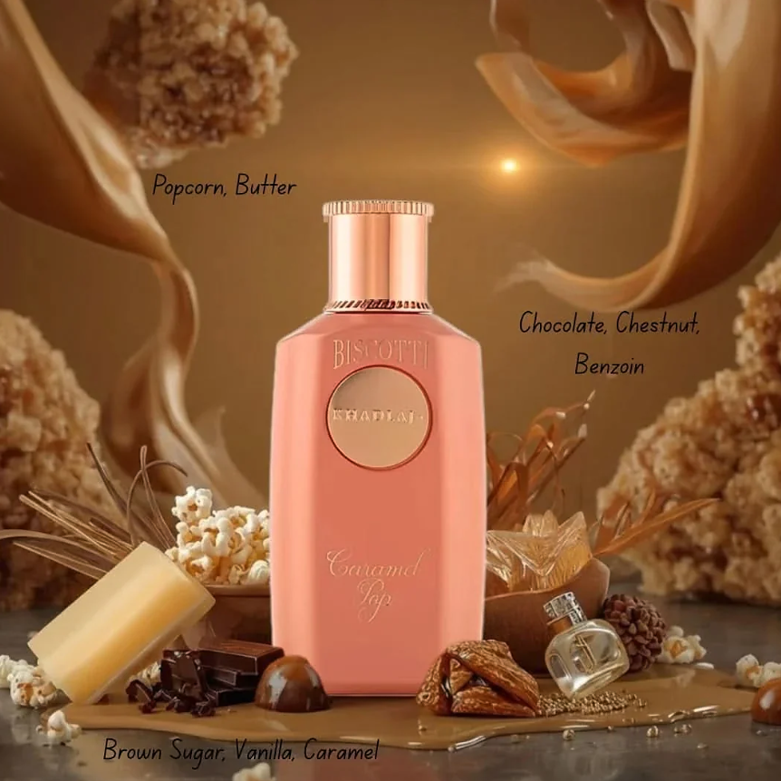 Khadlaj Biscotti Caramel Pop bottle displayed with popcorn, butter, chocolate and chestnut props