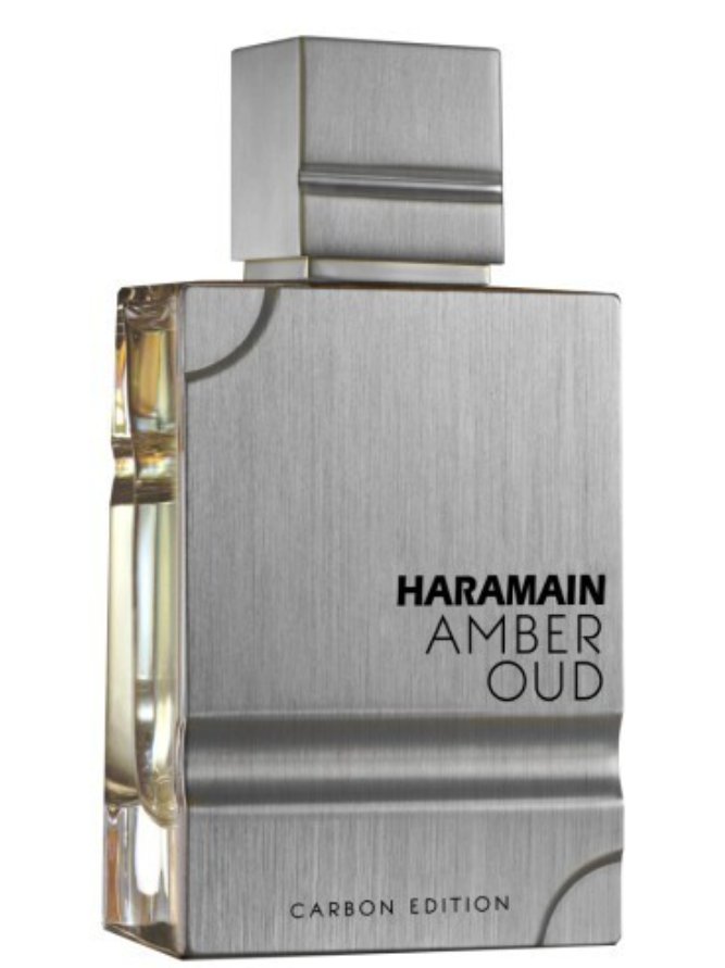 Al Haramain Amber Oud Carbon Edition bottle with a brushed-silver front, square silver cap, clear glass side and black lettering on a white background.
