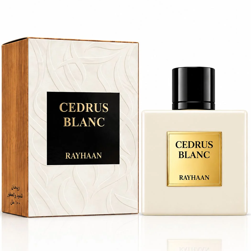 Rayhaan Cedrus Blanc ivory bottle with black cap beside its ivory and wood-effect box