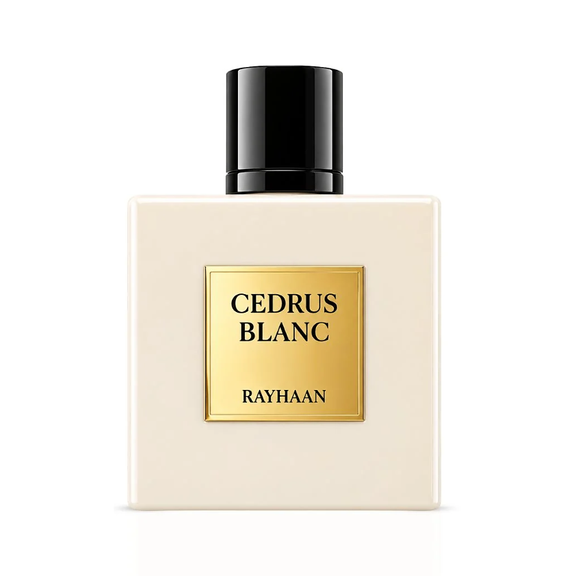 Rayhaan Cedrus Blanc front view of the ivory bottle, black cap and gold name plaque