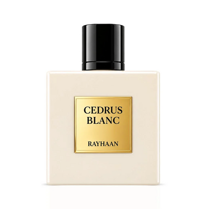 Rayhaan Cedrus Blanc front view of the ivory bottle, black cap and gold name plaque