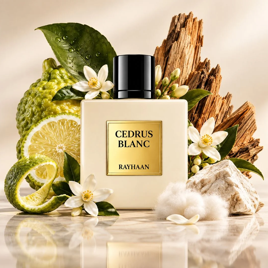 Rayhaan Cedrus Blanc bottle with citrus, white flowers, cotton and wood props