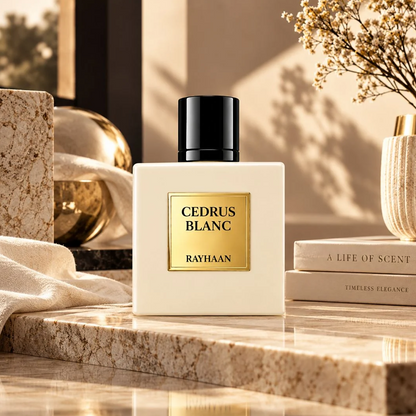 Rayhaan Cedrus Blanc ivory bottle on a beige marble table beside books and a flower vase