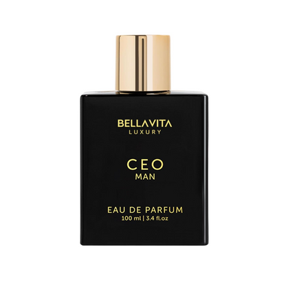 Front view of Bellavita Luxury CEO Man eau de parfum in a black rectangular bottle with a polished gold cylindrical cap and gold lettering on white.