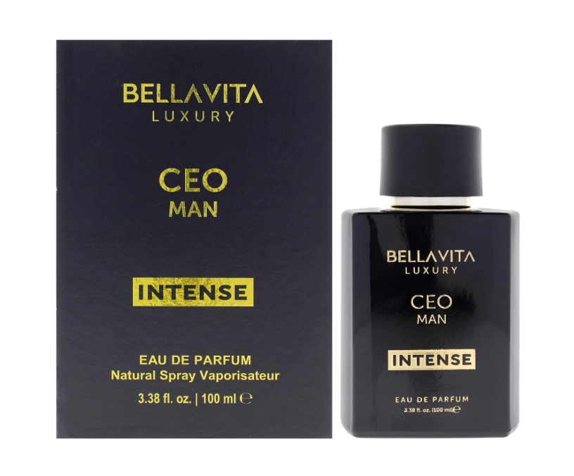 Bellavita CEO Man Intense black perfume bottle with a black cap and gold neck band beside a black box with gold Intense labels on white.