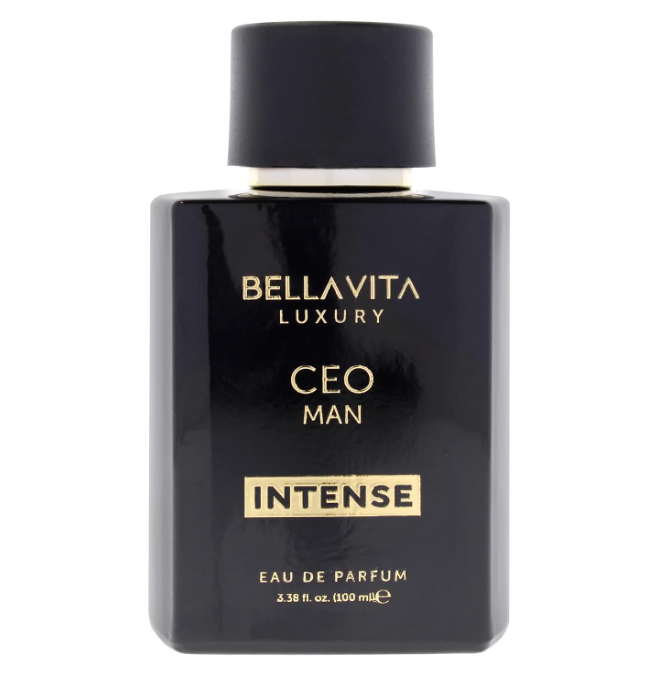 Front view of Bellavita CEO Man Intense in a glossy black bottle with a matte black cap, gold neck band and gold Intense label on white.