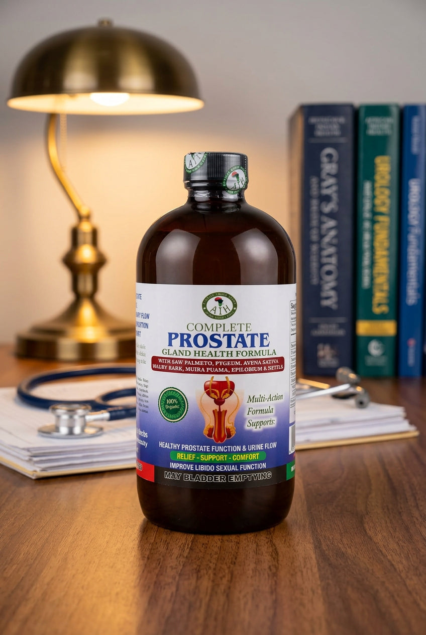 African Indian Herbs Complete Prostate Gland Health Formula bottle on a wooden desk beside books and a lamp