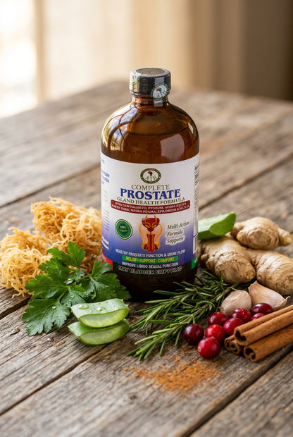 African Indian Herbs Complete Prostate Gland Health Formula bottle with leaves, roots and cranberry props