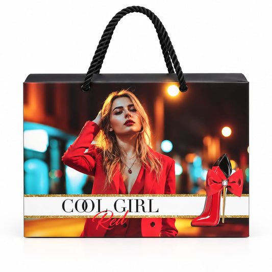 Cool Girl Red V5 closed red and black gift box with a rope handle