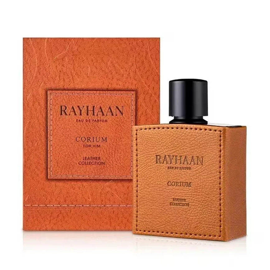 Rayhaan Corium tan bottle with stitched detailing beside an orange textured box