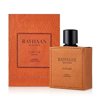Rayhaan Corium tan bottle with stitched detailing beside an orange textured box