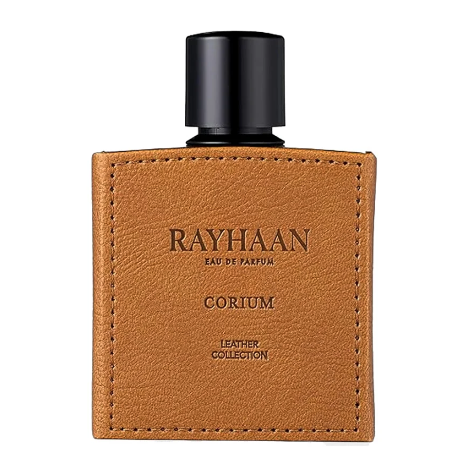 Rayhaan Corium front view of the tan leather-effect bottle with black cap