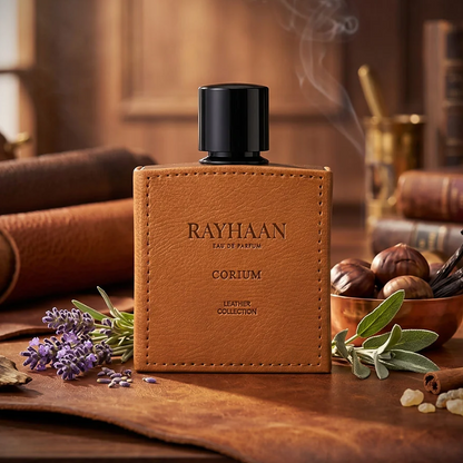 Rayhaan Corium bottle on a wooden desk with chestnuts, herbs and rolled leather