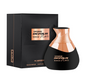 Al Haramain Detour Noir Intense black curved bottle with a rose-gold sculpted top beside a black box with a rose-gold label on a white background.